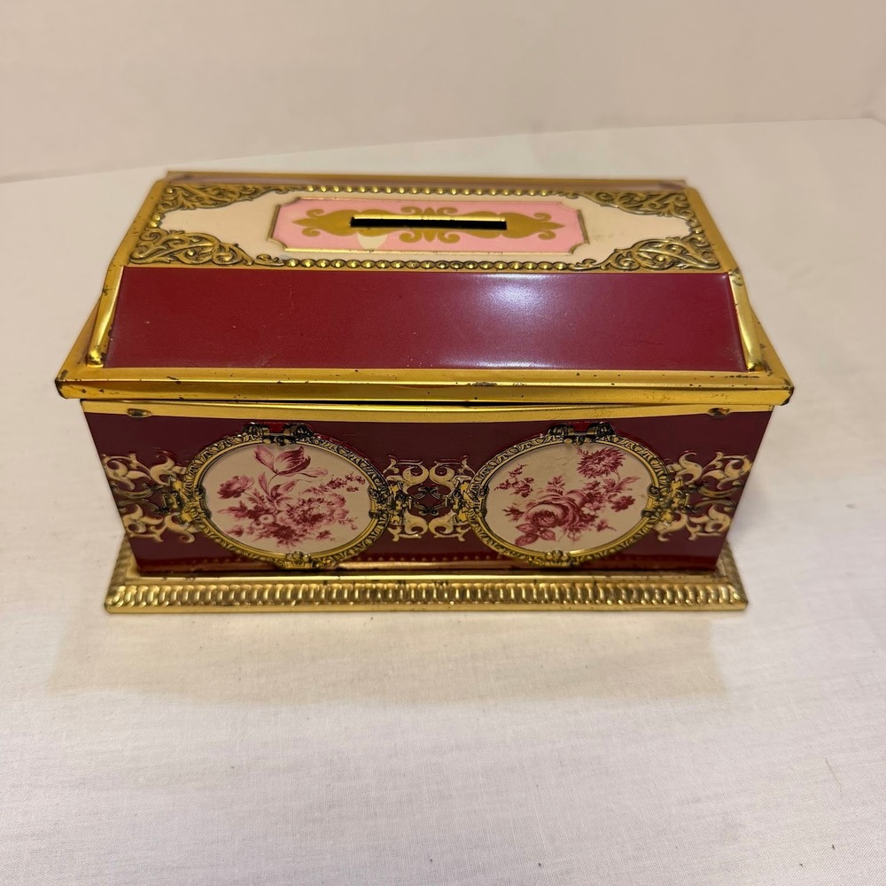 Vintage Ornate Metal Coin Bank Floral Burgundy Gold Trinket Box Florentine Tin